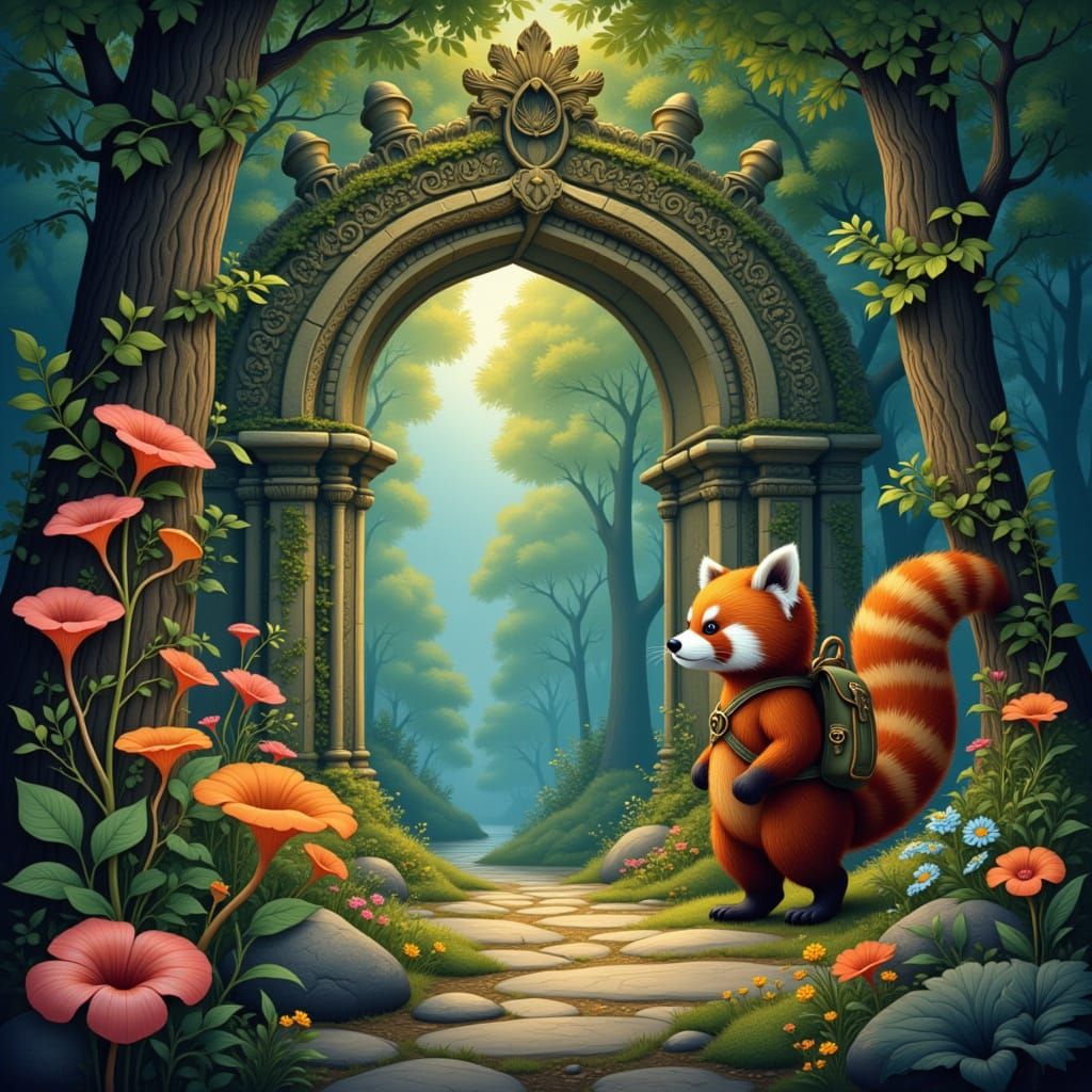 Red Panda Explores Dreamlike Forest with Glowing Flora