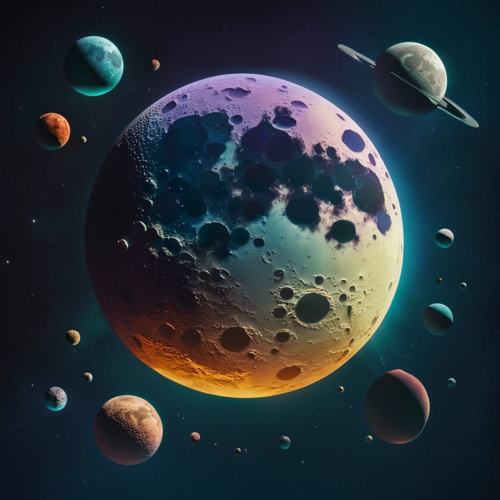 The Moon Surrounded by Planets in Hyper-Realistic Style