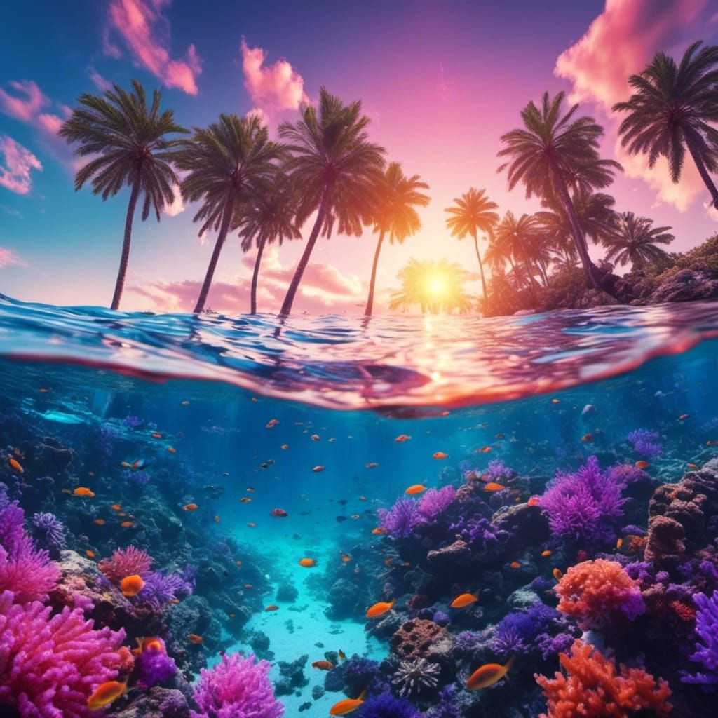 Synthwave Coral Reef Sunset Underwater