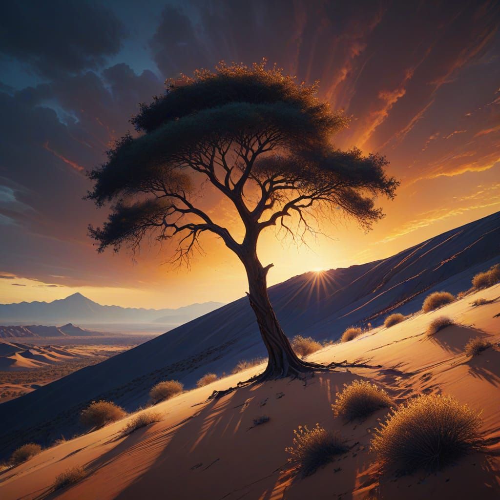 Majestic Desert Landscape with Golden Acacia Tree