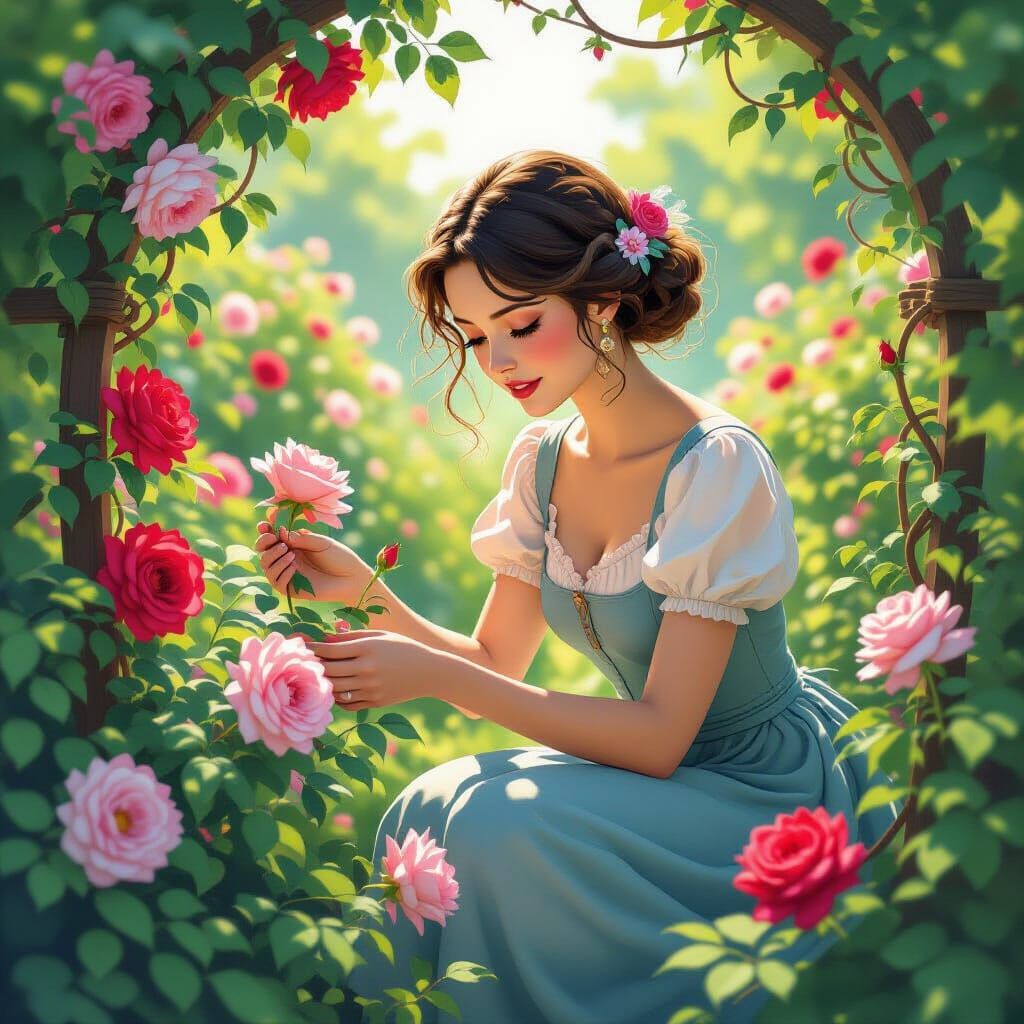Whimsical Garden with Overgrown Roses, Dreamy Anime Style