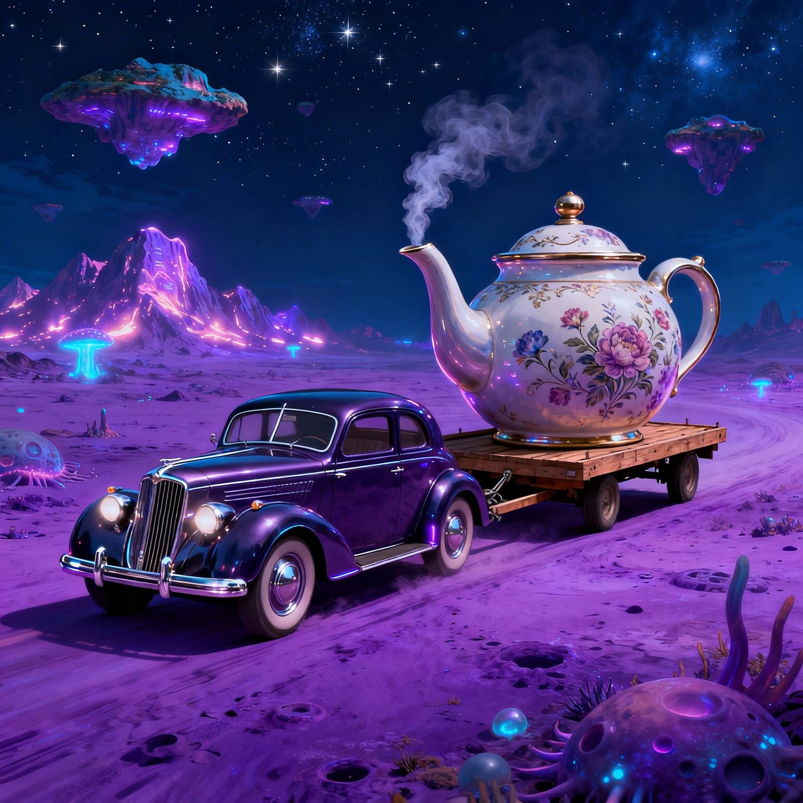 40s Midnight Blue Car Pulling Teapot on Purple Planet