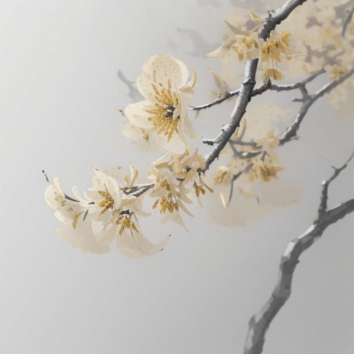 Sumi-e Painting of a Forsythia Branch Bathed in Sunlight