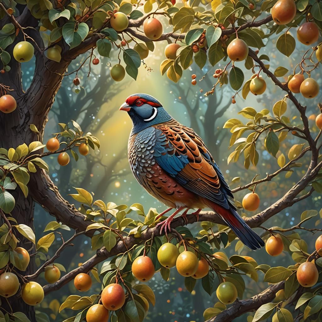 Colorful Partridge Perched in Pear Tree: Fantasy Art