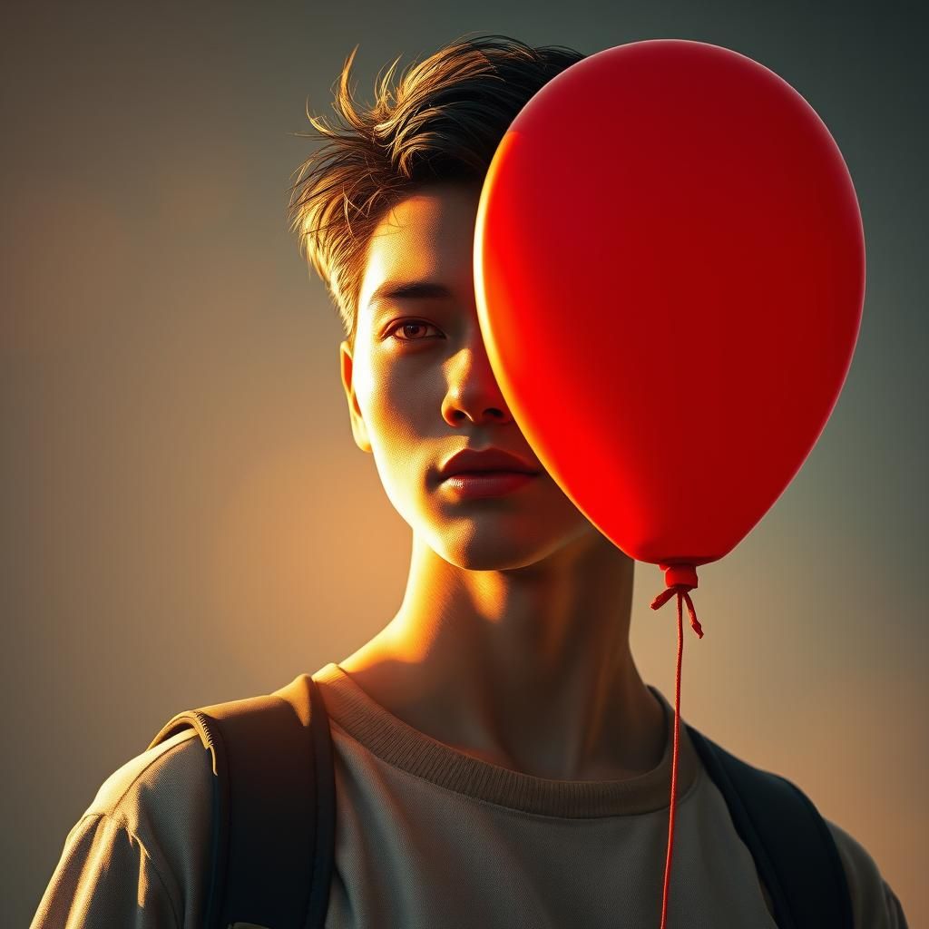 Man with Red Balloon in Moody Realism Style