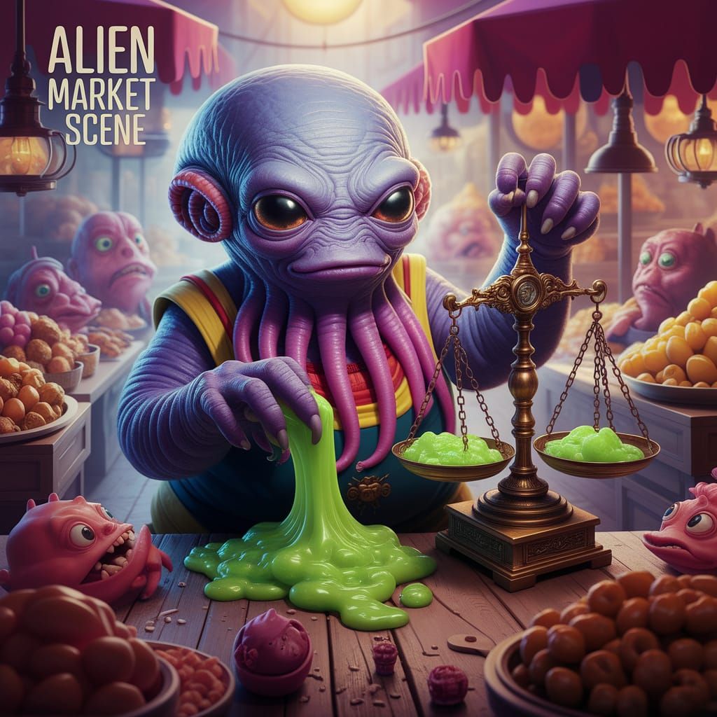 Vibrant Alien Market Scene as Digital Art