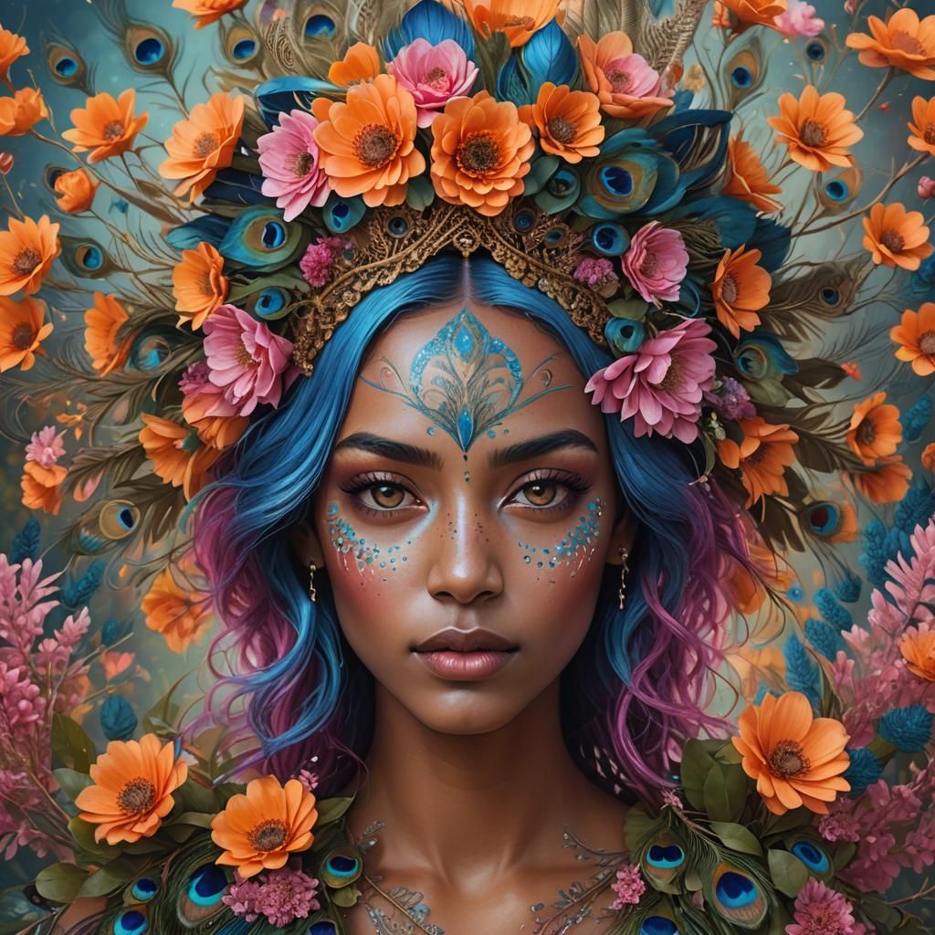 Woman with Peacock Feathers: Hyper-Realistic Digital Portrai...