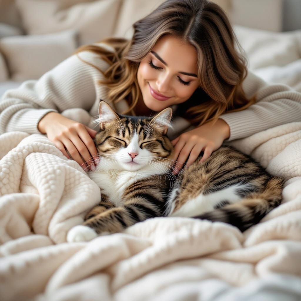 Cozy Cat Snuggles with Owner on Soft Blankets