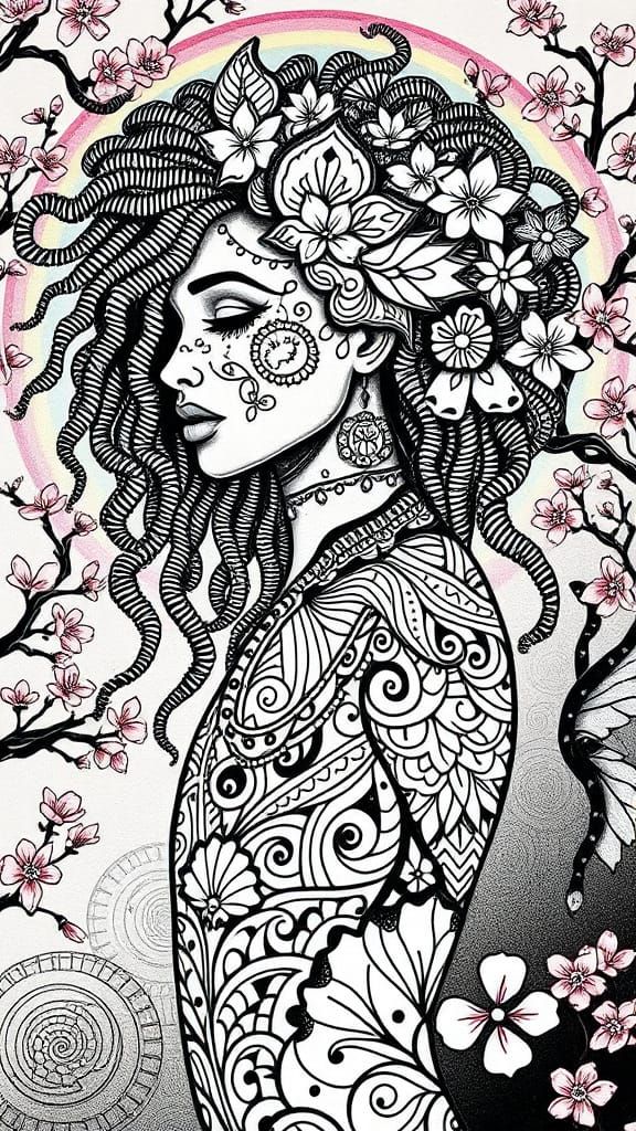 Mystical Afro Goddess in Zentangle Tattoo Style