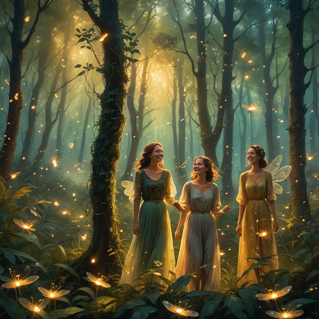 Friends' Laughter in a Lush Forest: Surreal Dreamscape