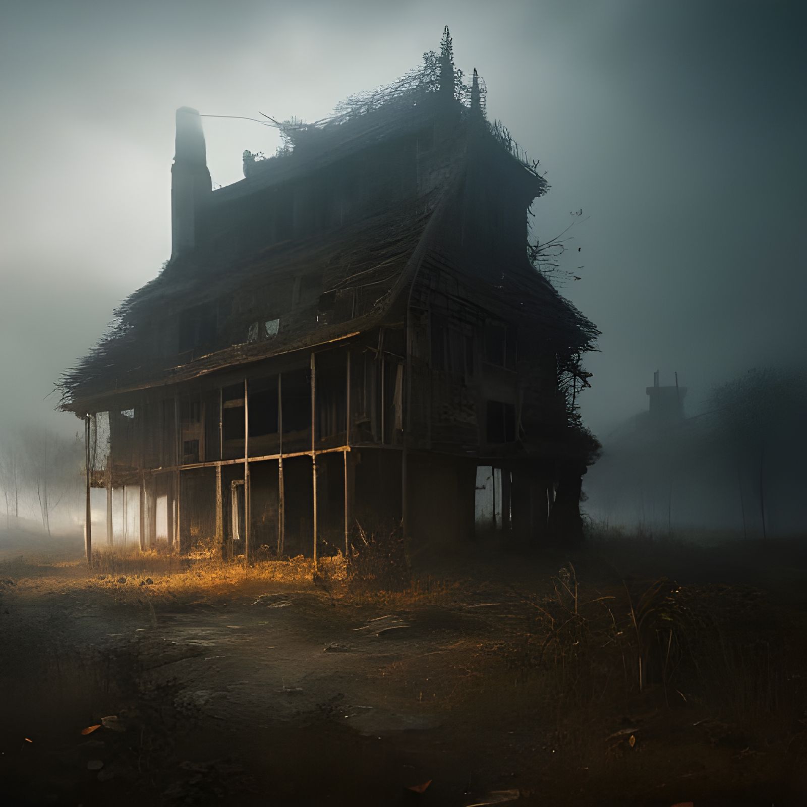 Decaying Abandoned House at Sunrise, Detailed Digital Painti...