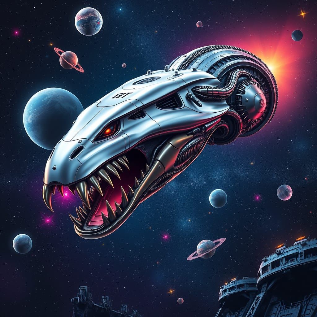 Futuristic Snake-Shaped Spaceship with Open-Mouthed Entrance