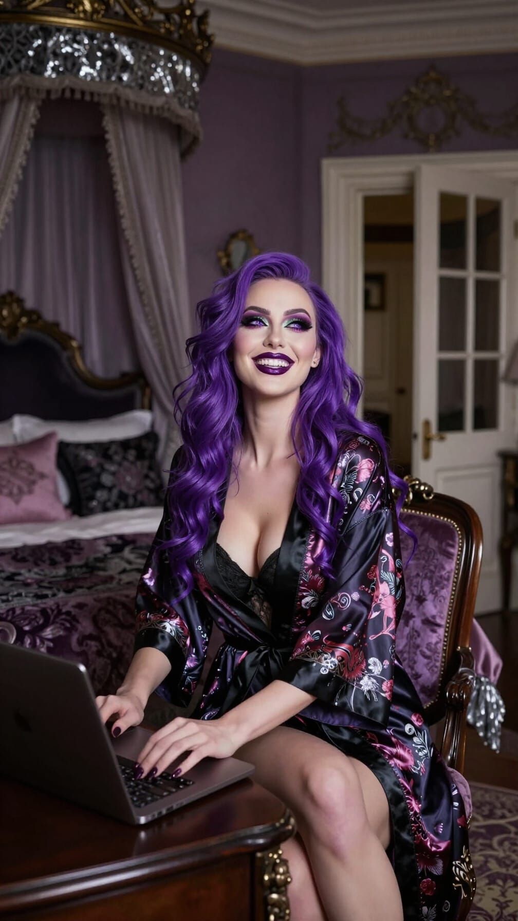 Woman Typing in Gothic Mansion Suite