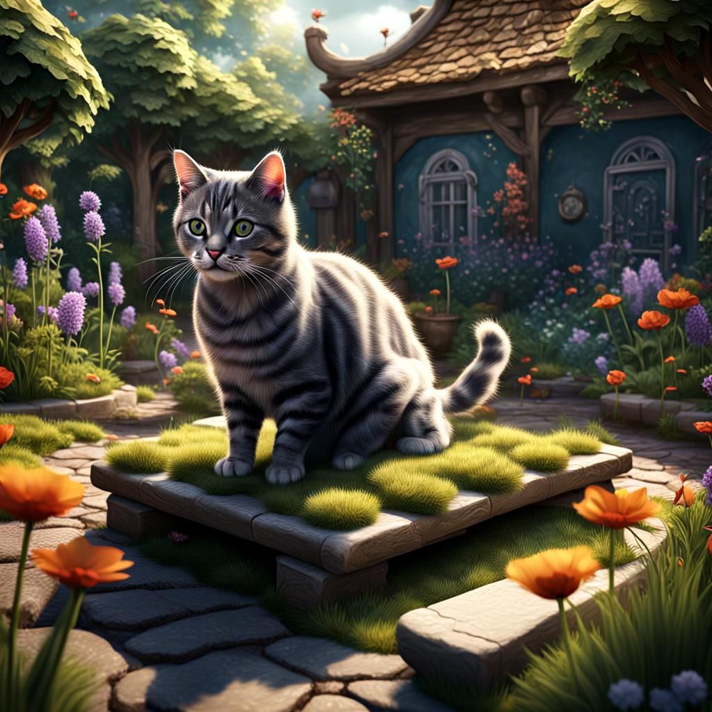 Cat Playing in Garden: Detailed Fantasy Art