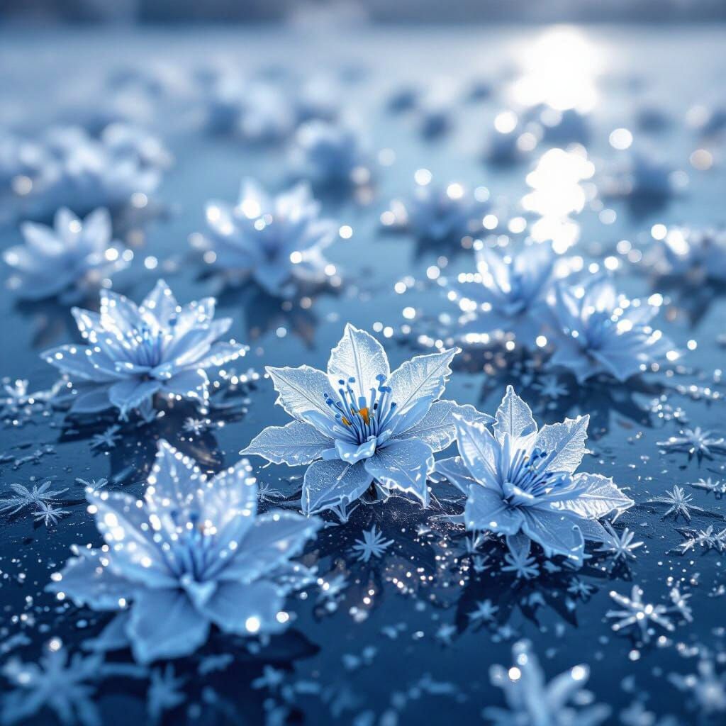 Frost Flowers on Frozen Lake Reflecting Moonlight