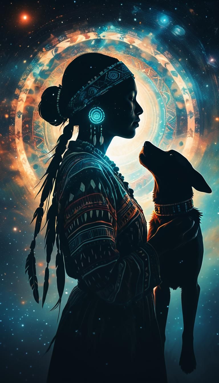 Double Exposure art, inside the silhouette of a native indig...