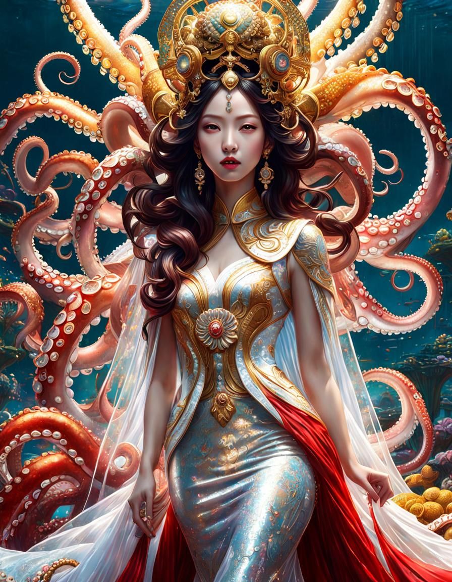 Asian Octopus Goddess in Hyperdetailed Fantasy Art