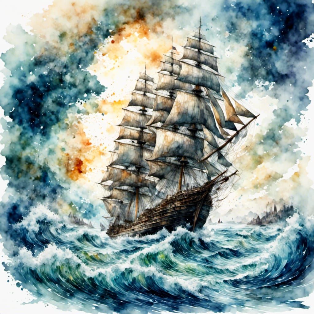 Sailing Ship Navigating Choppy Waters, Maritime Art