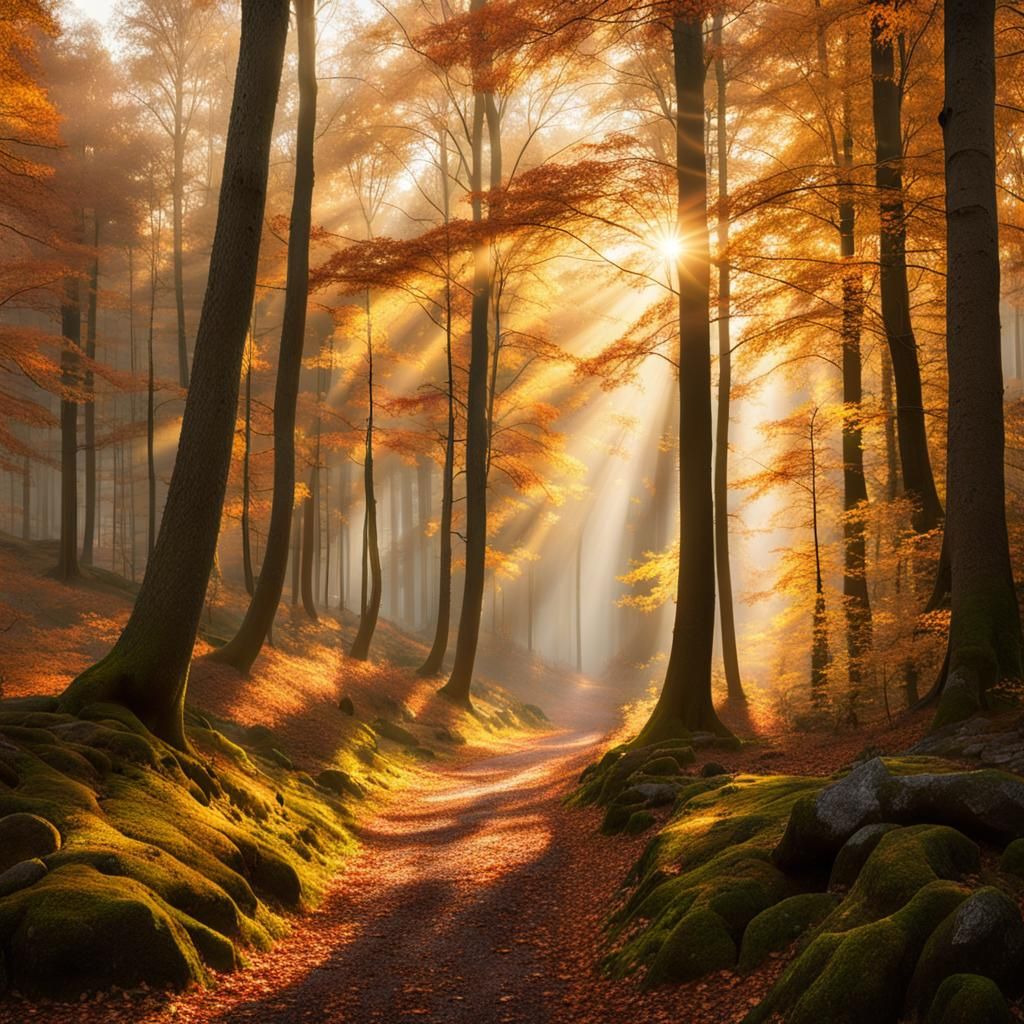 Golden Hour in Autumn Forest: Hyper-Realistic Landscape