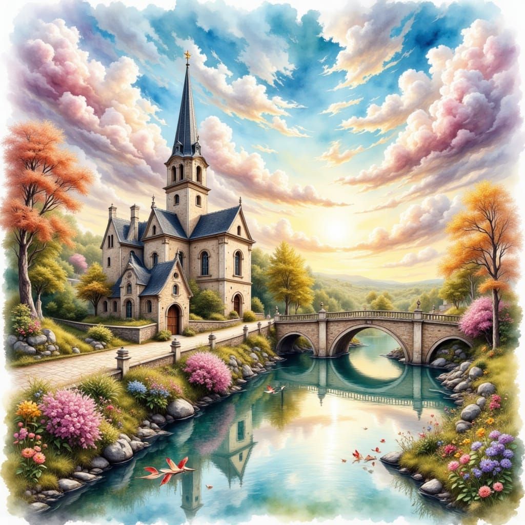 French Village Landscape in Watercolor with Golden Sky