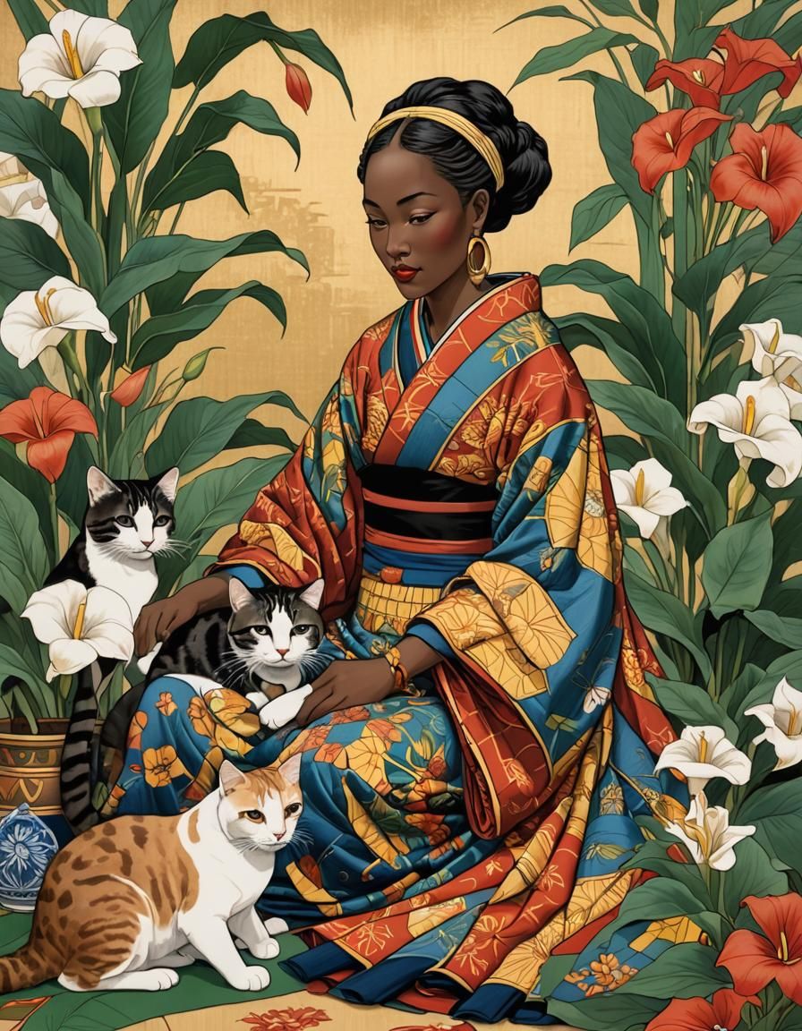 Serene African Noblewoman in Japanese-Inspired Kente Cloth,...