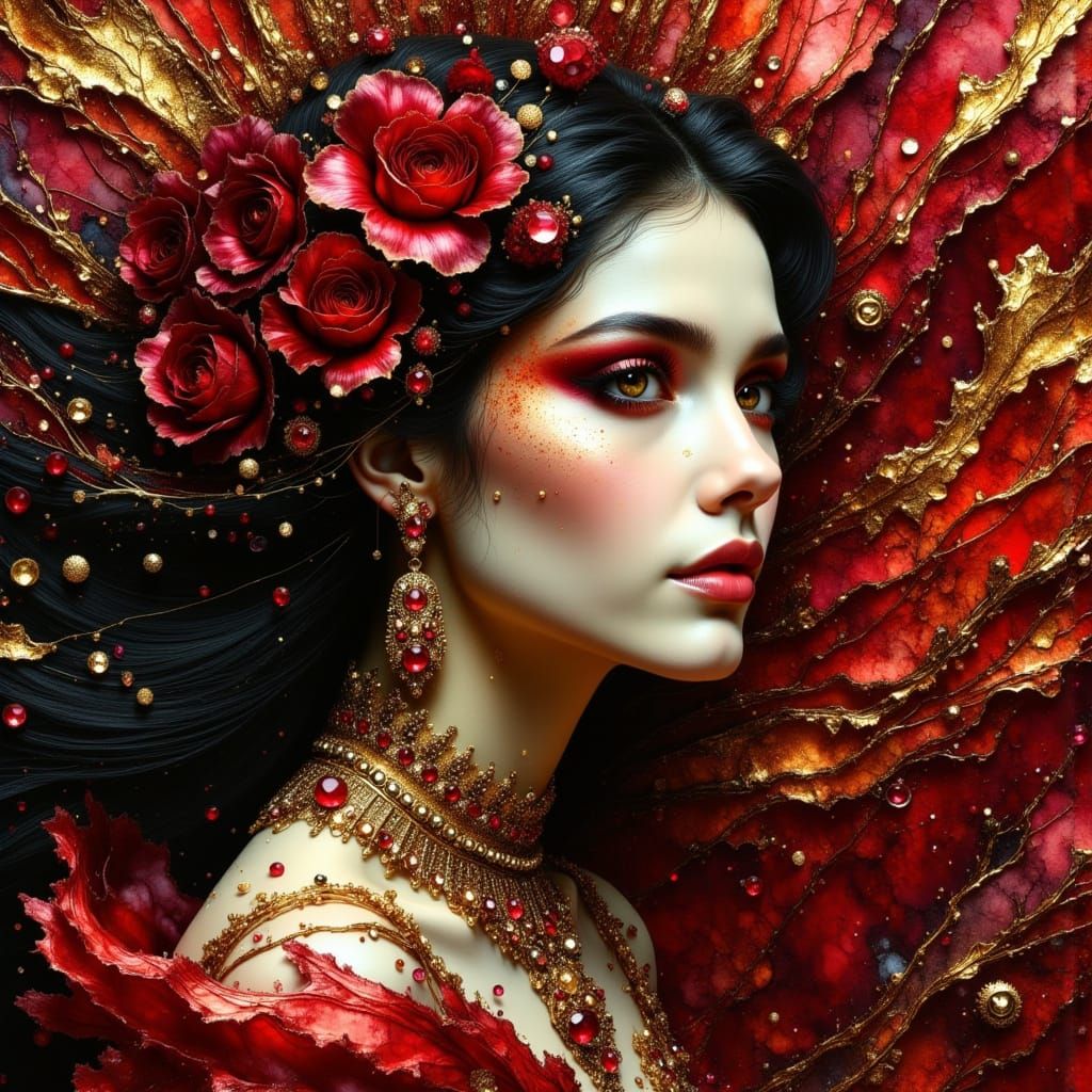 Ethereal Woman in Crimson Opulence