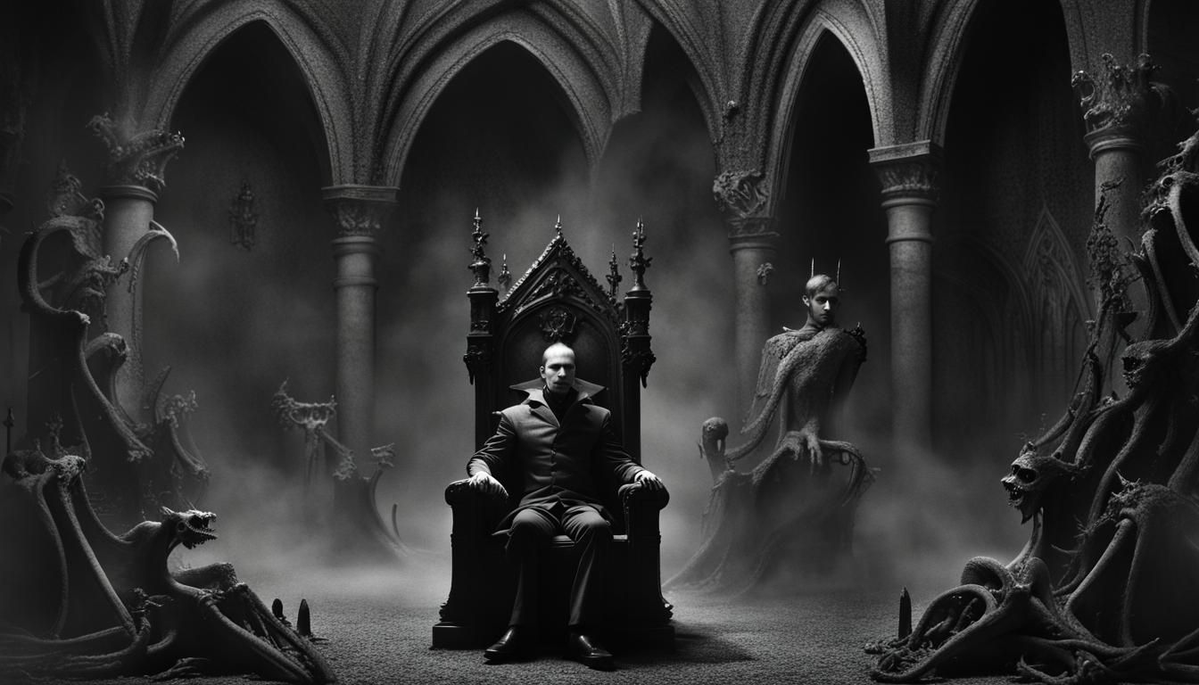 "Vampire Planet; Rot Macabre rules & (blood:1.3) is god." Monochromatic composite photograph with art Brut fauvism roman...