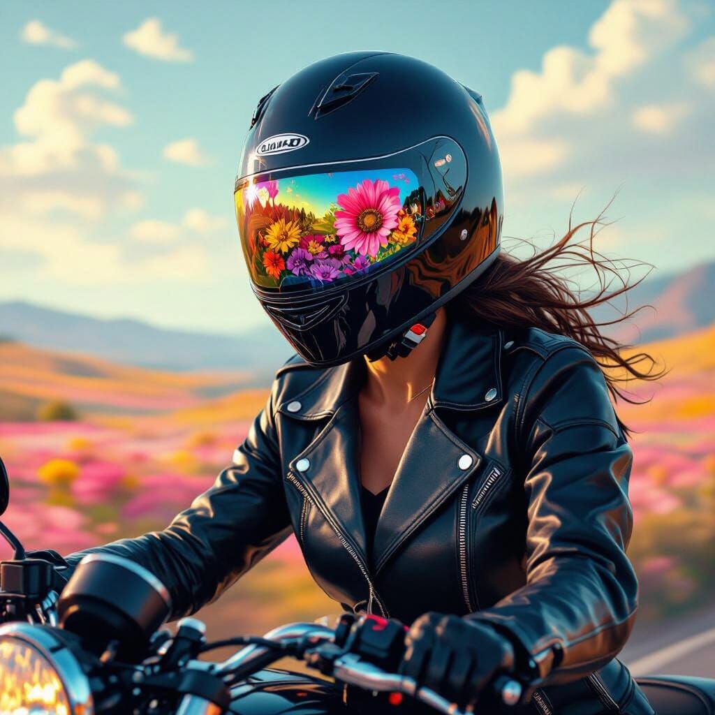 Biker with Floral Visor in a Surreal Landscape