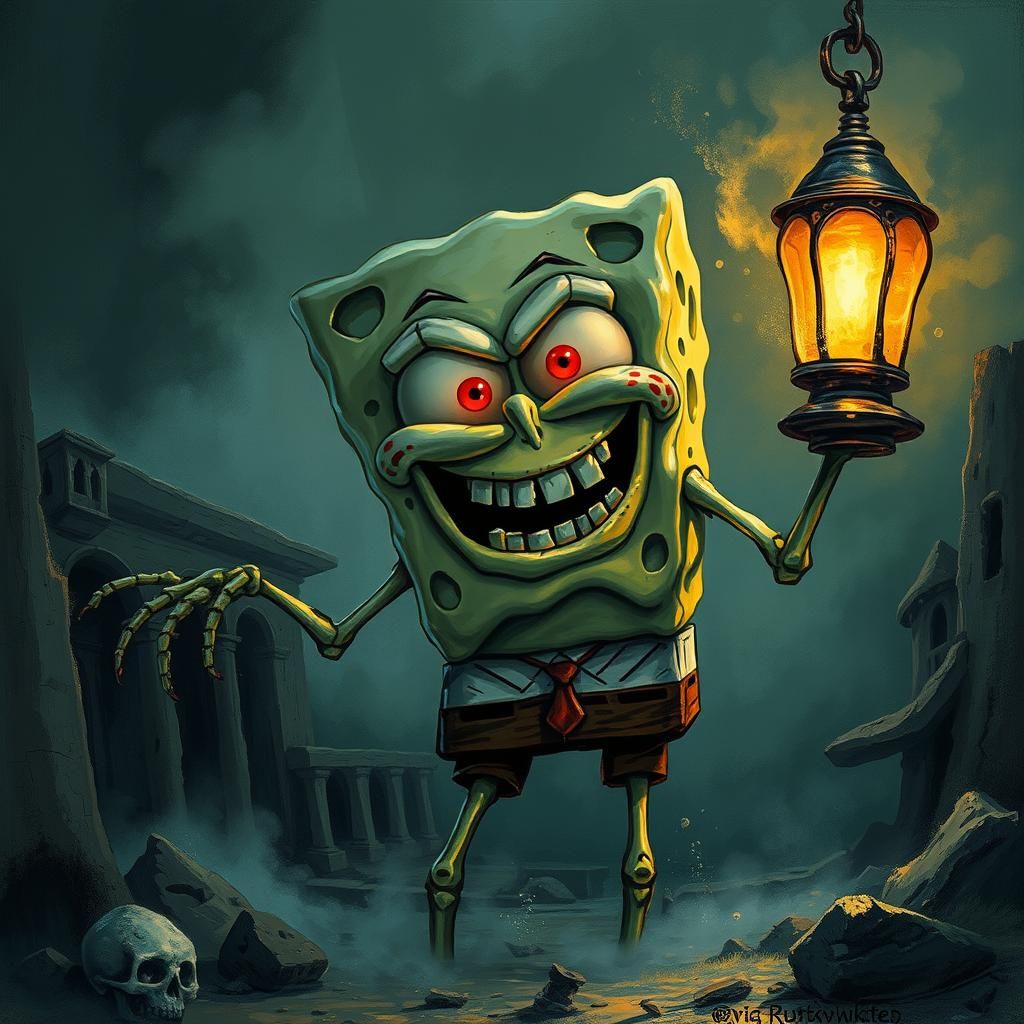 Evil Spongebob Skeleton in Gothic Horror Style