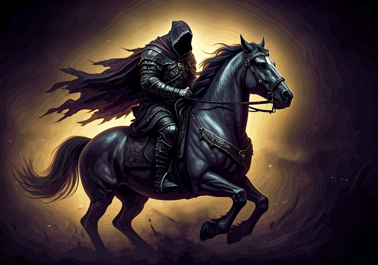 Dark Fantasy Knight in Full Gallop, Swirling Smoke, in Hyper...