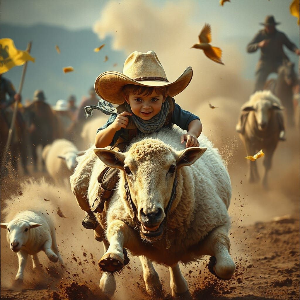 Child Cowboy Rides Fluffy Sheep in Dynamic Scene