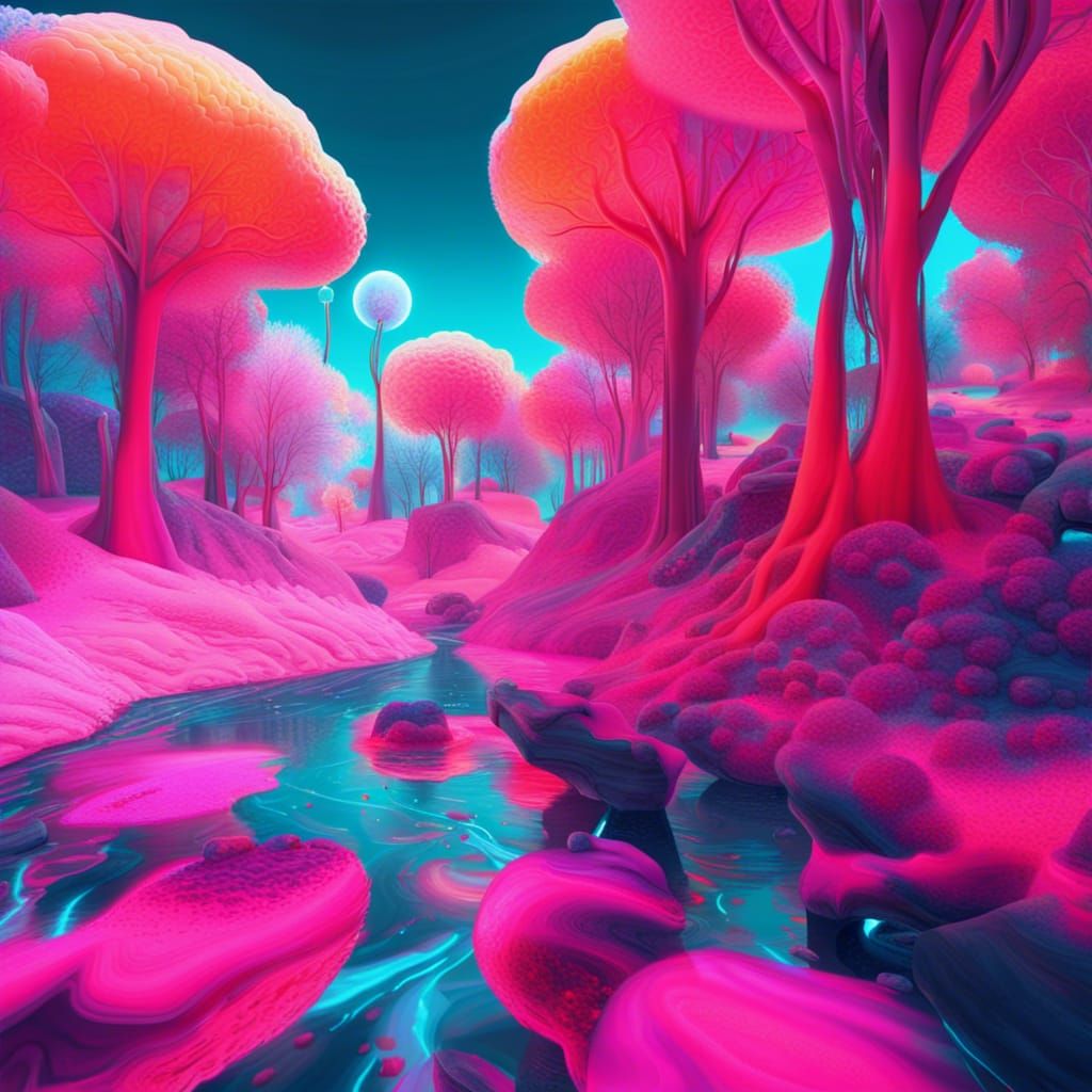 Surreal Landscape with Fluorescent Trees, Digital Art