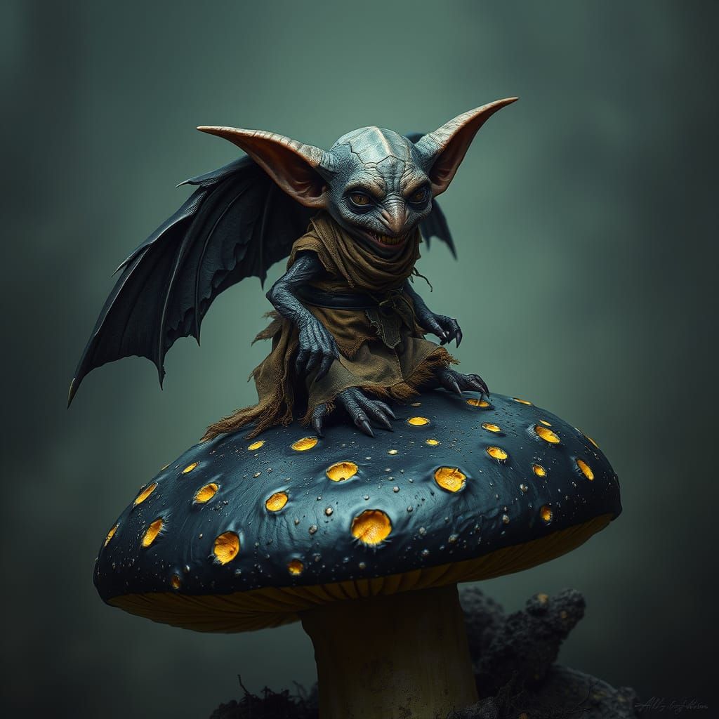 Hobgoblin Perched on Mushroom in Eerie Gothic Mist