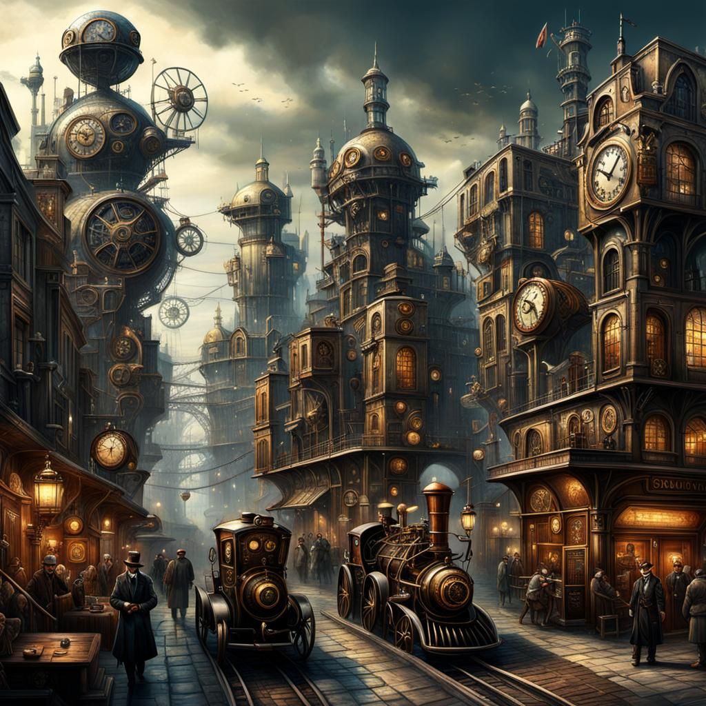 Steampunk City with Mechanical Dog, Detailed 3D Rendering