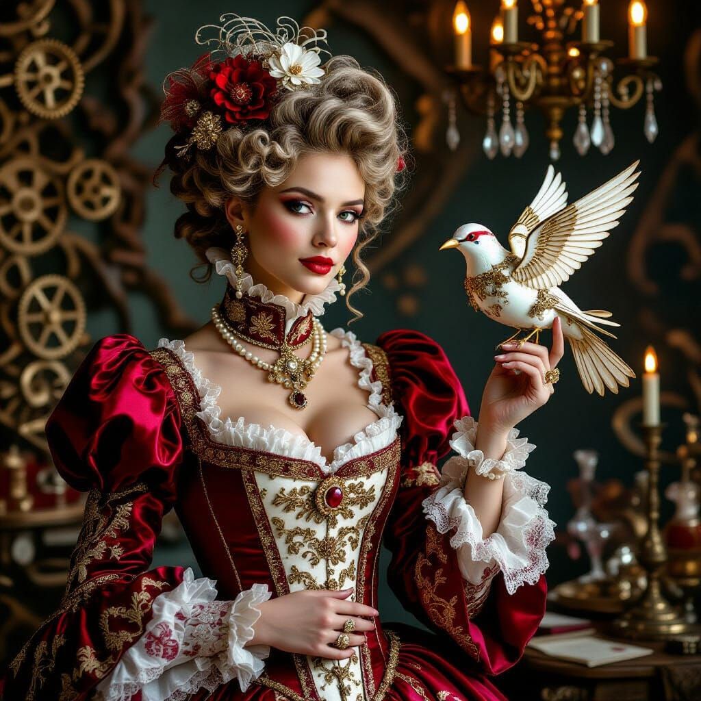 Rococo Inventor with Mechanical Bird in Ornate Workshop