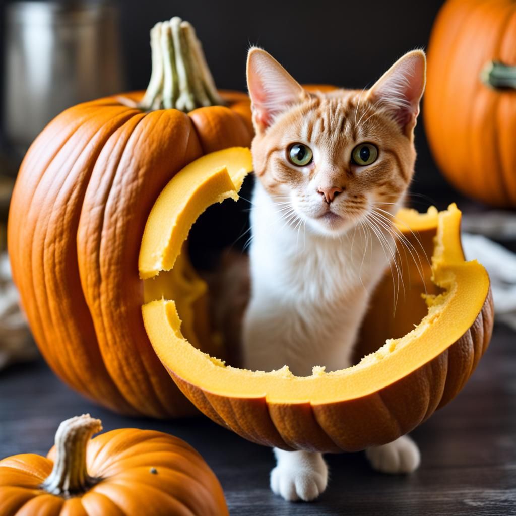 Cat Comfortably Seated Inside Cut Pumpkin