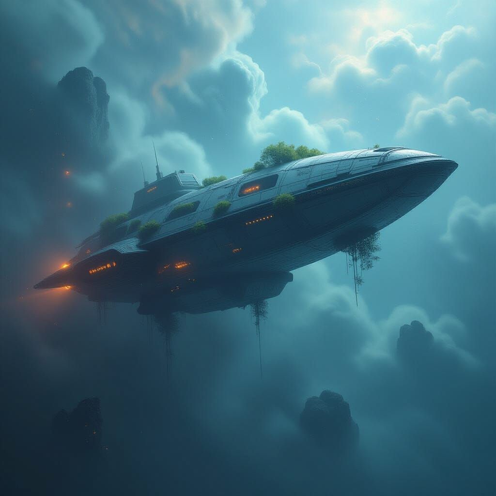 Ancient Spaceship in Cosmic Nebula - Epic Matte Painting