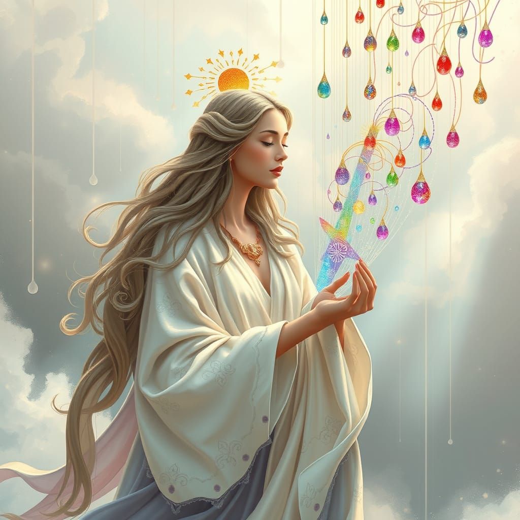 Ethereal Goddess Weaves Rainbow Tapestry of Hope