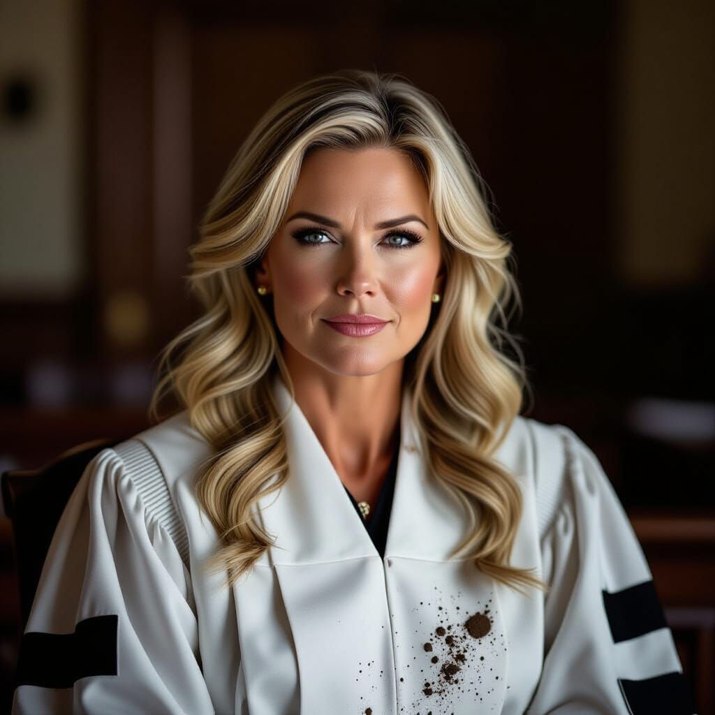 Stern Pam Bondi with Dirtied Robe in Chaotic Courtroom