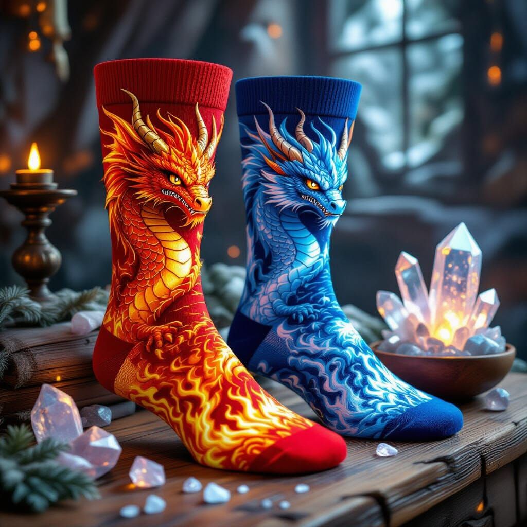 Fantasy Dragon Socks on Rustic Table, Digital Art