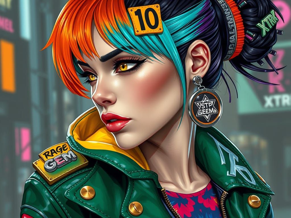 Futuristic Cyberpunk Goddess with Neon Hair and Piercing Eye...