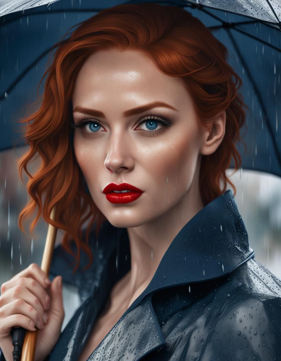 Beautiful Redhead Woman in Rain, Photorealistic 5K Portrait