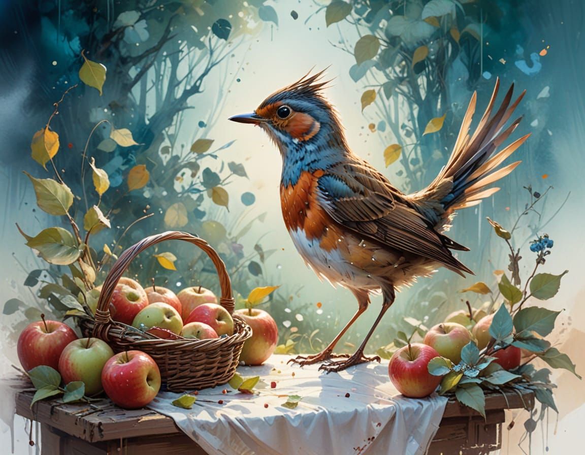 Robin with Apples in Neo-Impressionist Style
