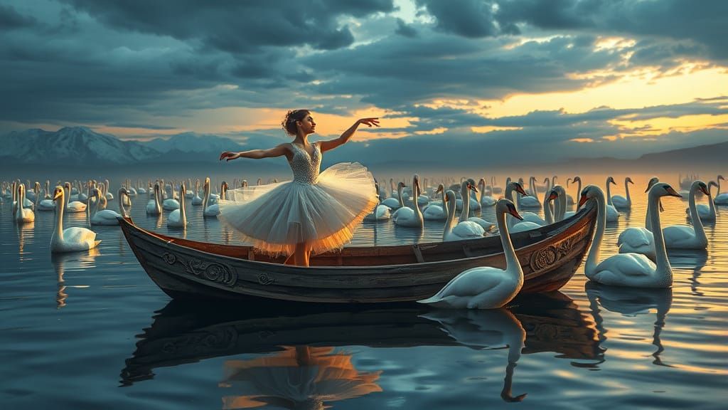Ballerina in Rowboat Amidst Majestic Swans at Sunrise