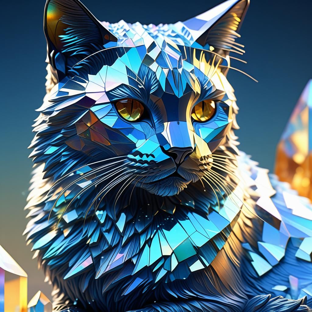 Crystal Glass Cat with Refracted Light Details