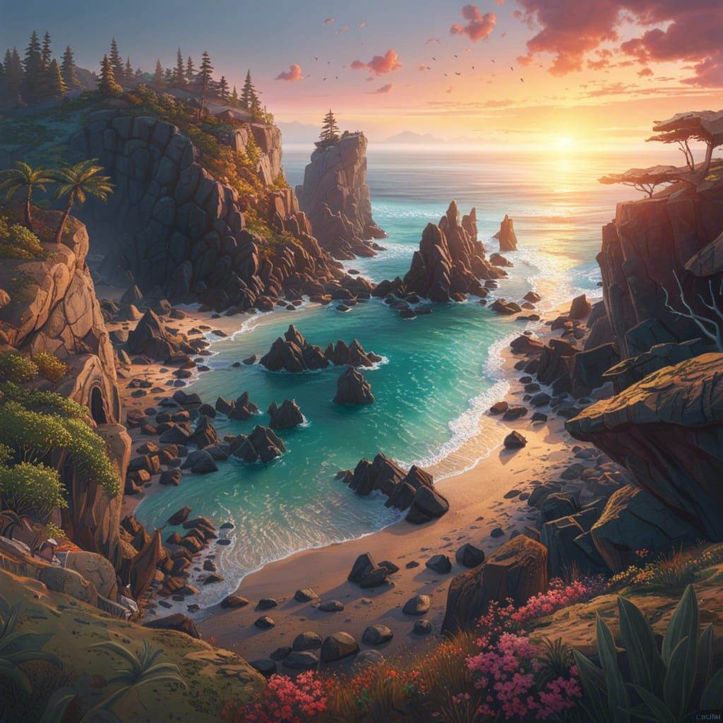 Spectacular Sunset Over Rocky Shoreline: Digital Art