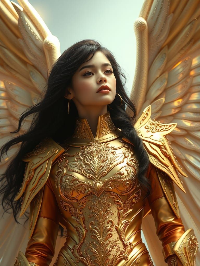 Golden Armored Fallen Angel with Iridescent Wings
