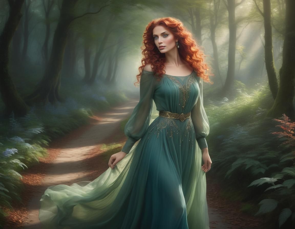 Ethereal Forest: Woman with Red Curls in Chiffon