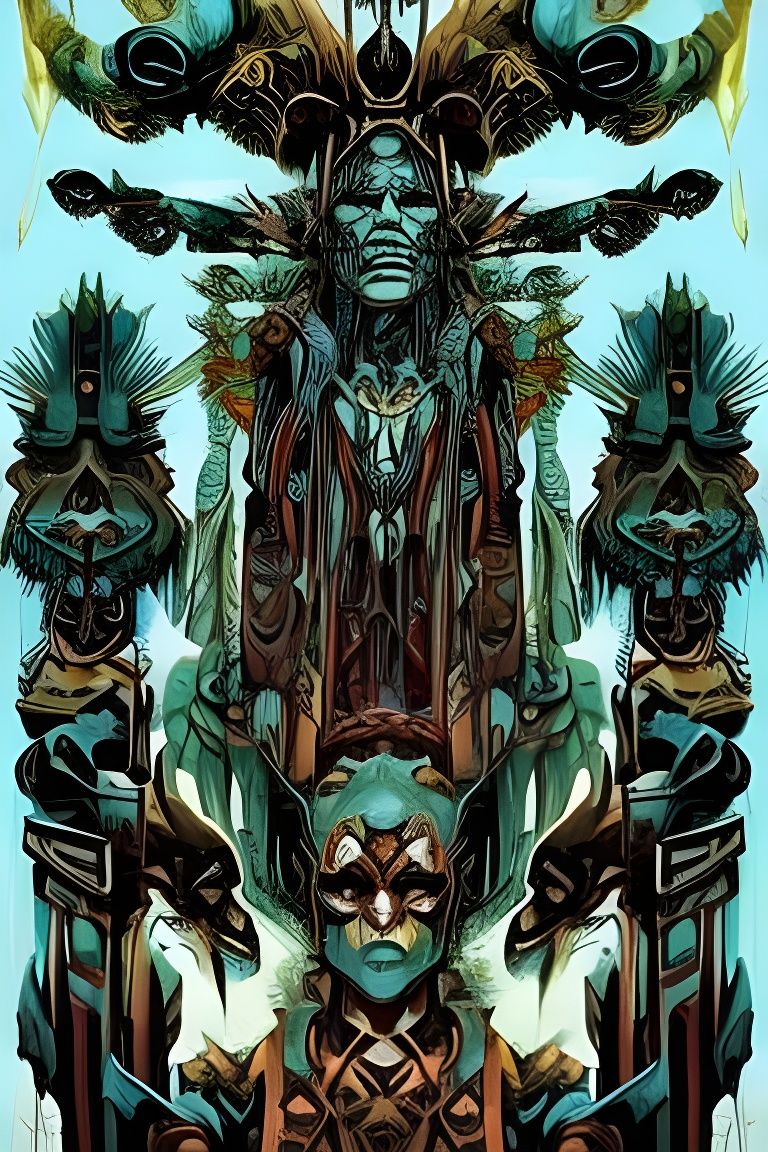 Detailed Native American Totem Pole in Triadic Colors