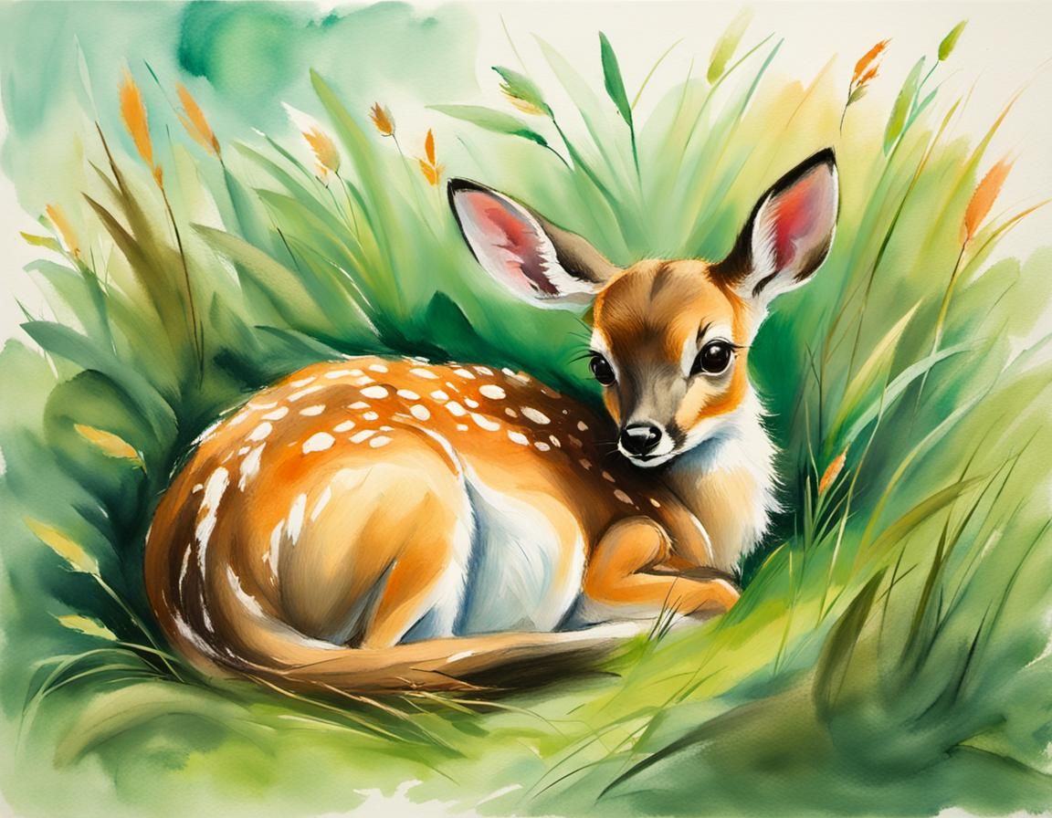 Fawn in Grass: Impressionist Gouache and Watercolor